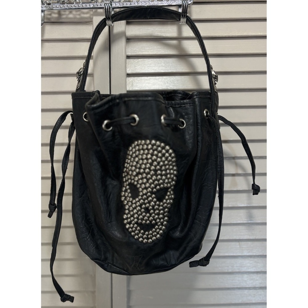 NILA ANTHONY Studded Skull Bucket Bag Purse Tie Faux Leather Pockets Lined Clean